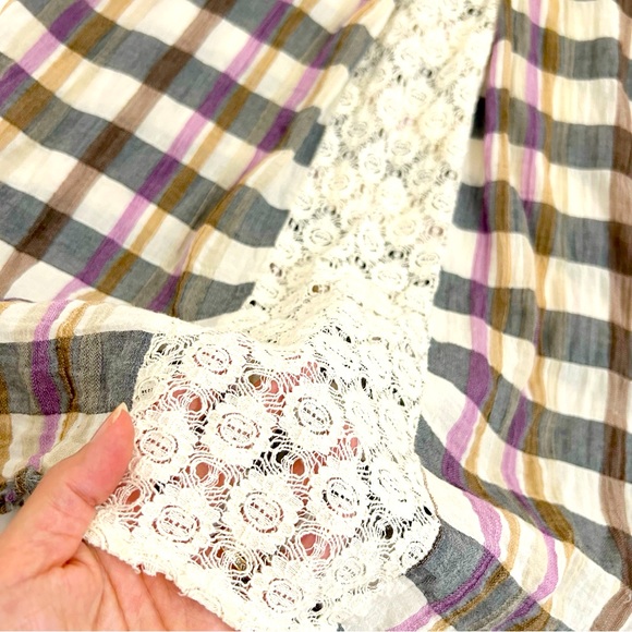 Anthropologie Isabella Sinclair Plaid Lace Insert Multicolor Button Down Shirt S - Picture 7 of 14